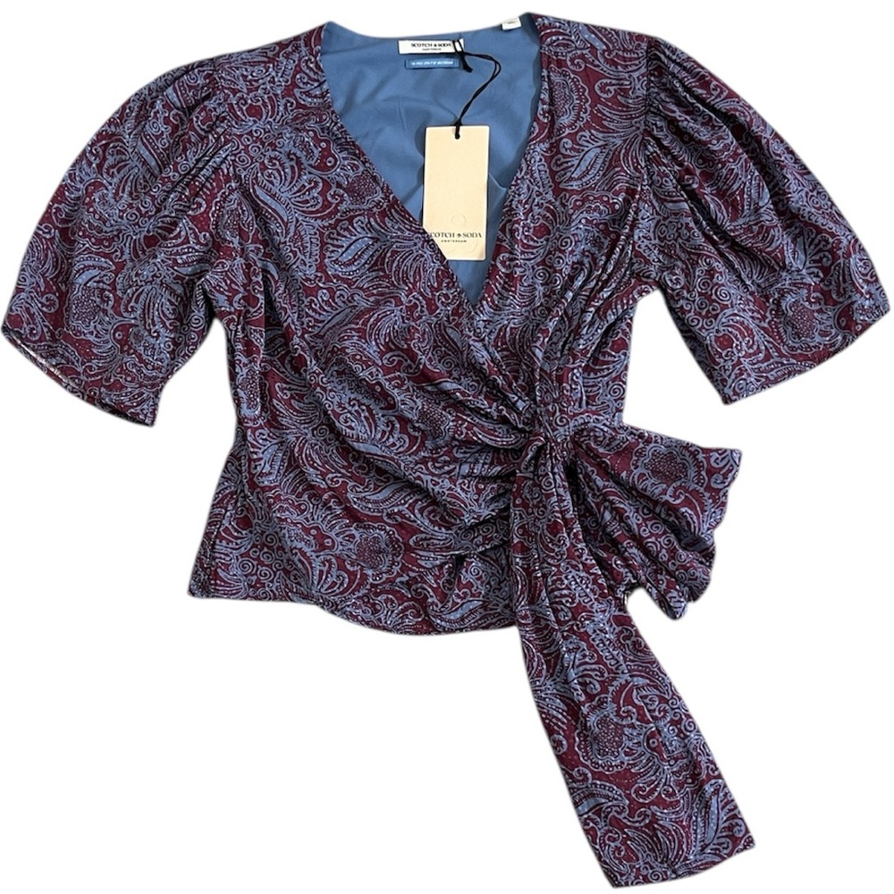 Scotch & Soda Viscose Jacquard Knotted Top Shirt NWT Womens‎ 36 / Small Purple